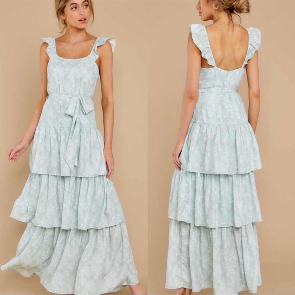 Fluttering Hearts Porcelain Green Print Maxi Dress